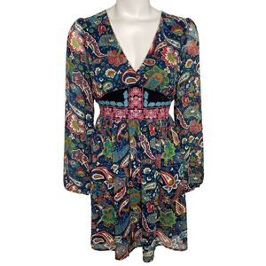 Flying Tomato Blue Paisley Print Embroidered V Neck Long Sleeve Dress Sz Small‎